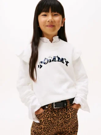 Maglione con volant e logo in paillettes per bambini