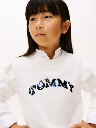 Maglione con volant e logo in paillettes per bambini