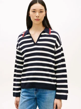 Maglione polo a righe bretoni in punto traforato