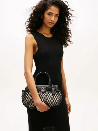 Mini borsa tote in pelle e macramè