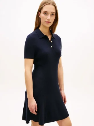 Miniabito polo in maglia a coste con bottoni dorati