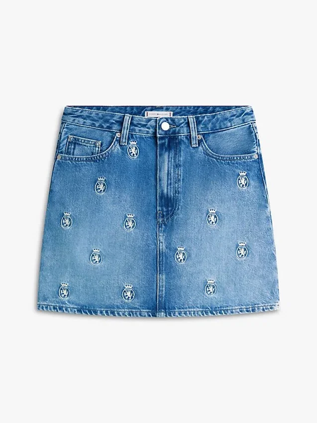 Minigonna in denim a vita alta con stemma all-over Minigonna in denim a vita alta con stemma all-over