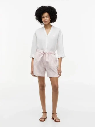 Pantaloncini a righe in misto lino con cintura