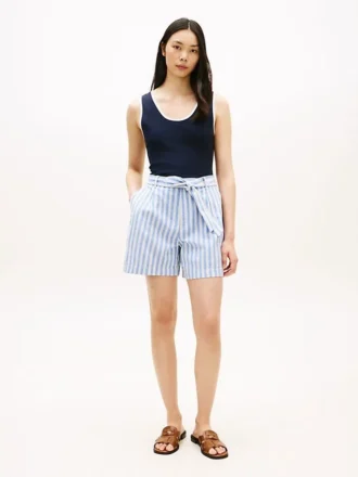 Pantaloncini a righe in misto lino con cintura