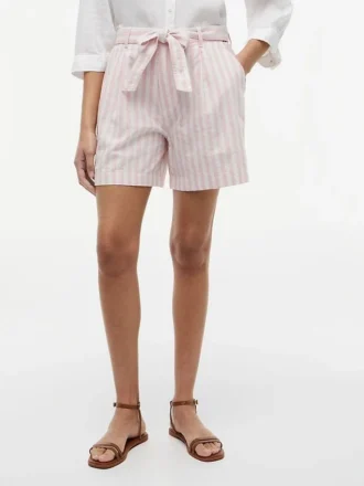 Pantaloncini a righe in misto lino con cintura