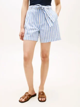 Pantaloncini a righe in misto lino con cintura