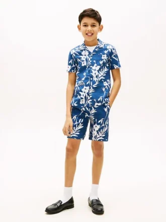 Pantaloncini da bambino in misto lino e cotone con motivo floreale