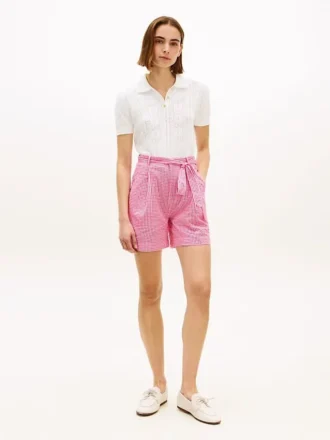 Pantaloncini in seersucker a quadretti con cintura Pantaloncini in seersucker a quadretti con cintura