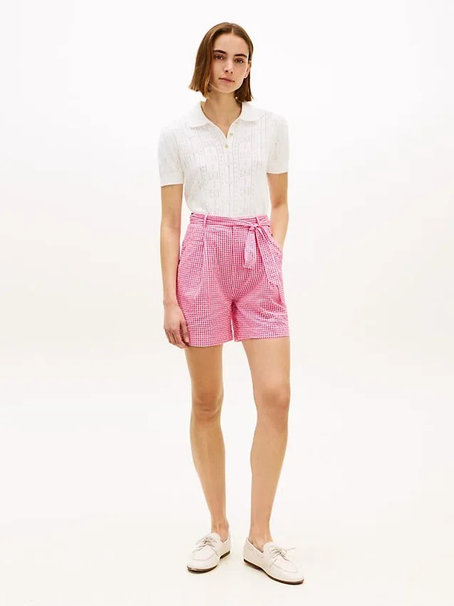 Pantaloncini in seersucker a quadretti con cintura Pantaloncini in seersucker a quadretti con cintura