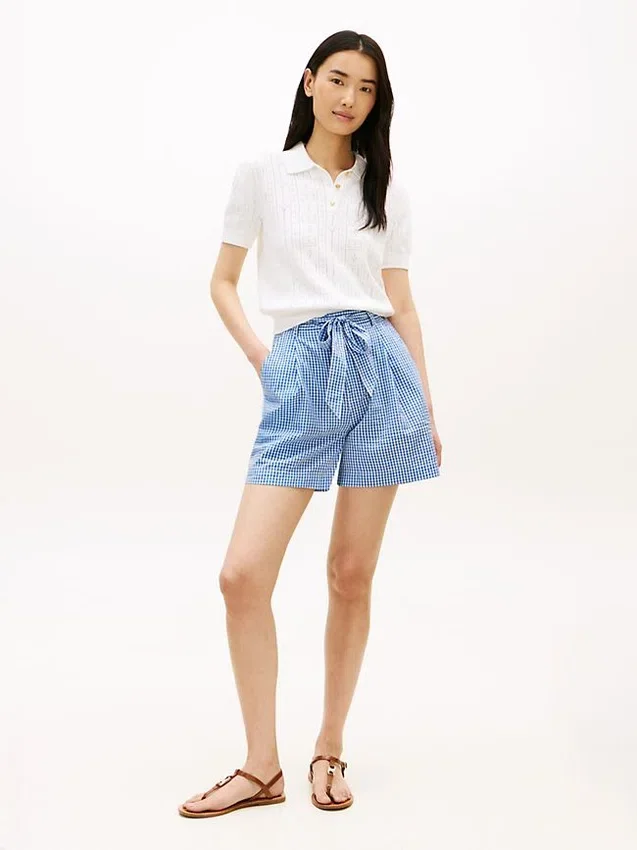 Pantaloncini in seersucker a quadretti con cintura Pantaloncini in seersucker a quadretti con cintura