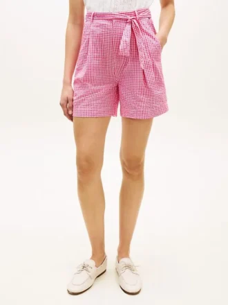 Pantaloncini in seersucker a quadretti con cintura Pantaloncini in seersucker a quadretti con cintura