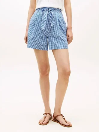 Pantaloncini in seersucker a quadretti con cintura Pantaloncini in seersucker a quadretti con cintura