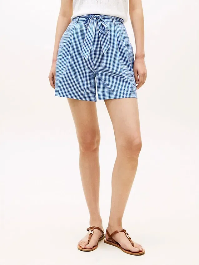 Pantaloncini in seersucker a quadretti con cintura Pantaloncini in seersucker a quadretti con cintura