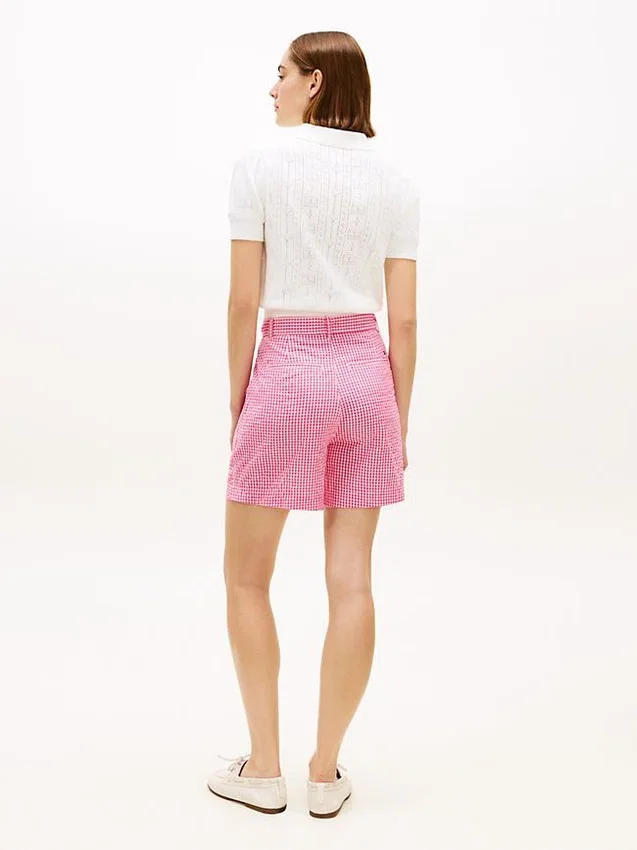 Pantaloncini in seersucker a quadretti con cintura Pantaloncini in seersucker a quadretti con cintura