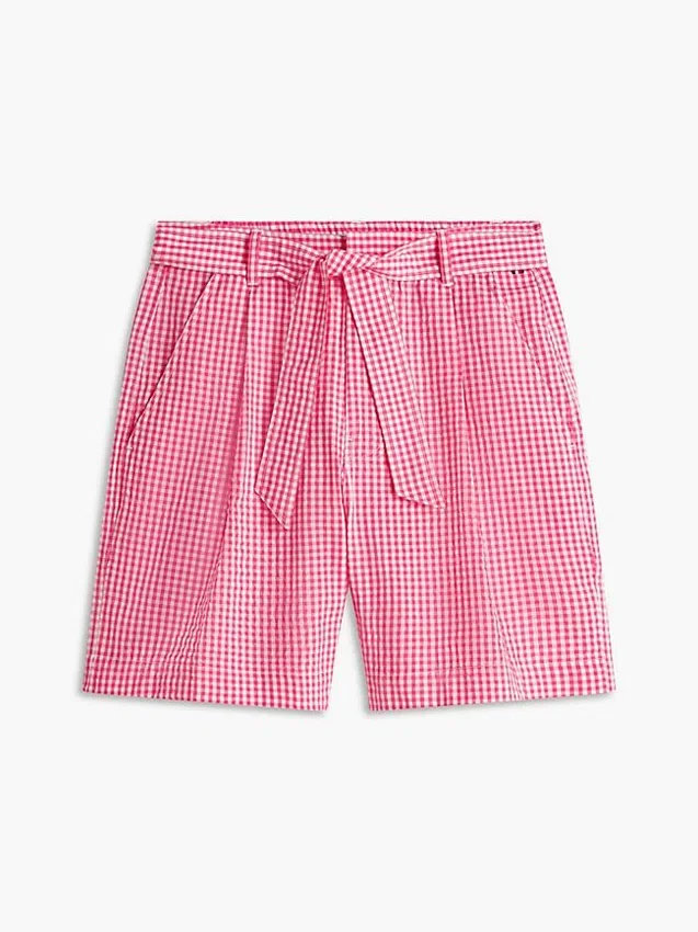 Pantaloncini in seersucker a quadretti con cintura Pantaloncini in seersucker a quadretti con cintura
