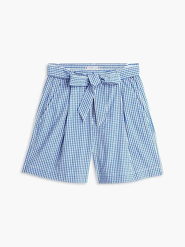Pantaloncini in seersucker a quadretti con cintura Pantaloncini in seersucker a quadretti con cintura