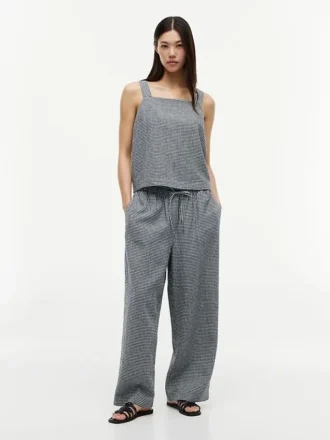 Pantaloni a vita elastica in misto lino a quadretti