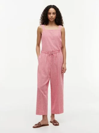 Pantaloni a vita elastica in misto lino a quadretti