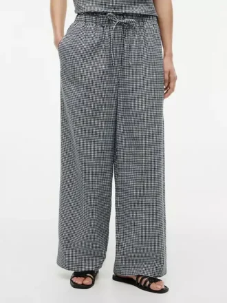 Pantaloni a vita elastica in misto lino a quadretti