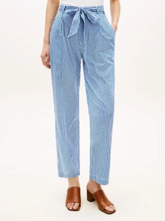 Pantaloni affusolati in seersucker a quadretti con cintura