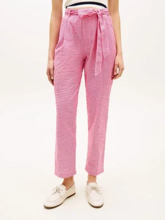 Pantaloni affusolati in seersucker a quadretti con cintura