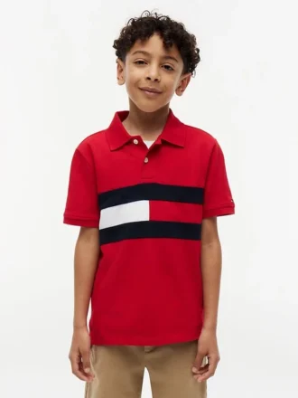 Polo elasticizzata con bandiera a blocchi di colore per bambini Polo elasticizzata con bandiera a blocchi di colore per bambini