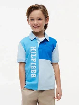 Polo elasticizzata con logo a blocchi di colore per bambini