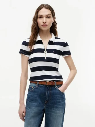 Polo slim fit con zip e strisce da rugby