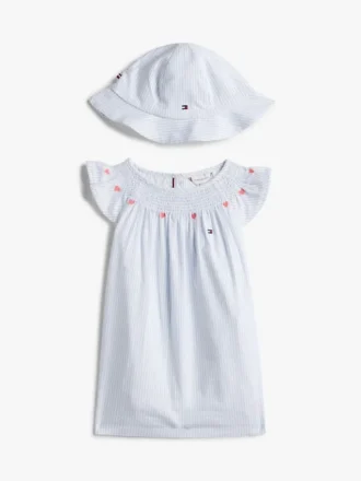 Set regalo con vestitino a righe e cappellino per neonati