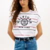 T-shirt a righe con logo ad arco e maniche a pipistrello T-shirt a righe con logo ad arco e maniche a pipistrello