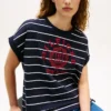T-shirt a righe con logo ad arco e maniche a pipistrello T-shirt a righe con logo ad arco e maniche a pipistrello