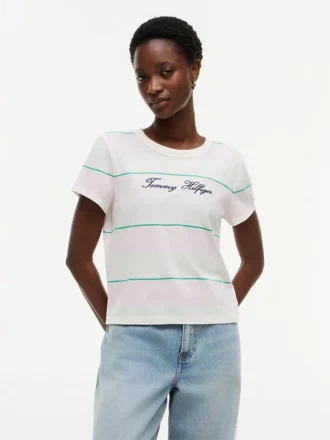 T-shirt a righe con logo ricamato