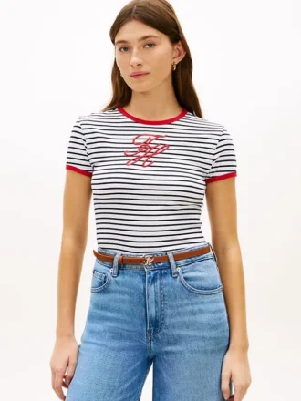 T-shirt a righe con monogramma in script