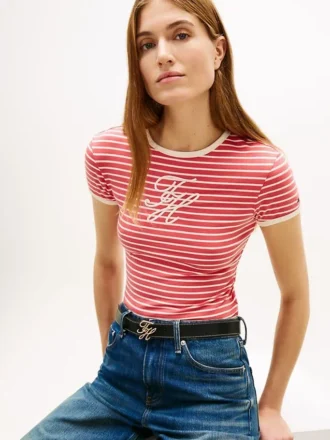 T-shirt a righe con monogramma in script