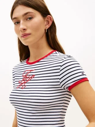 T-shirt a righe con monogramma in script