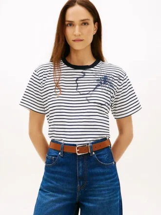 T-shirt a righe con stampa floreale astratta