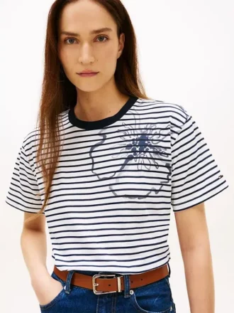 T-shirt a righe con stampa floreale astratta