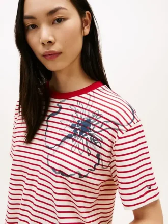 T-shirt a righe con stampa floreale astratta