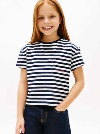 T-shirt a righe con tasca per bambina