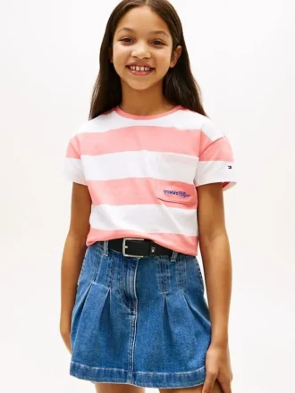T-shirt a righe con tasca per bambina