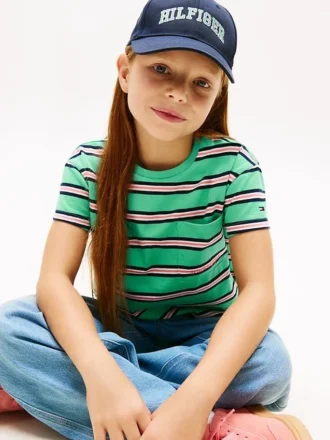T-shirt a righe con tasca per bambina