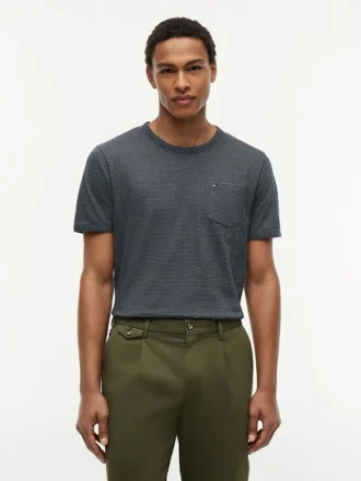 T-shirt a righe con taschino in misto lino