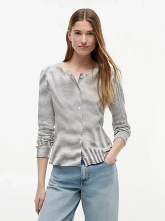 T-shirt cardigan a righe in punto traforato