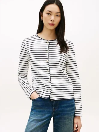 T-shirt cardigan in cotone interlock a righe