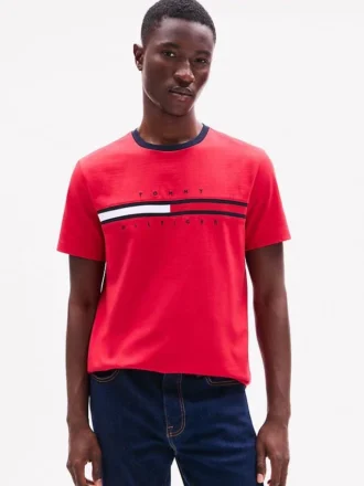 T-shirt con logo a strisce e bandiera ricamata
