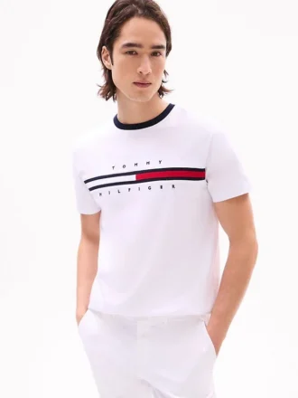 T-shirt con logo a strisce e bandiera ricamata