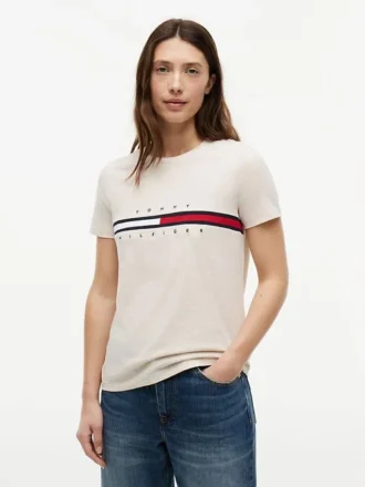 T-shirt con logo a strisce e bandiera ricamato