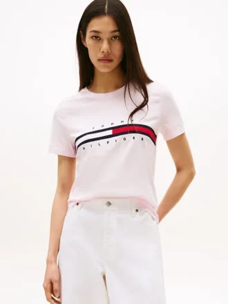 T-shirt con logo a strisce e bandiera ricamato
