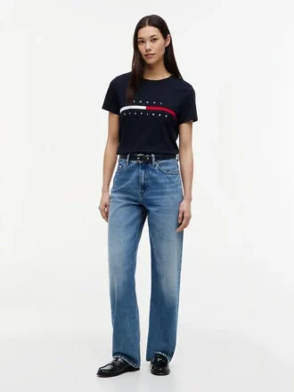 T-shirt con logo a strisce e bandiera ricamato