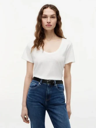 T-shirt con scollo rotondo in misto lino